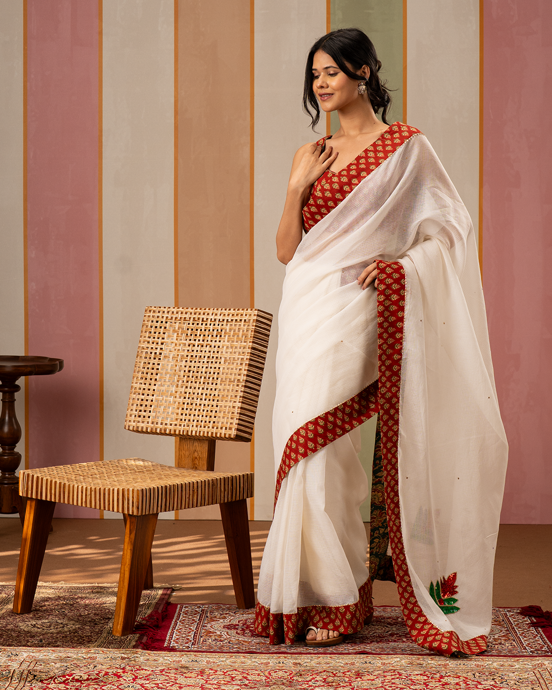 Off White Doria Blockprint Saree with Embroidery