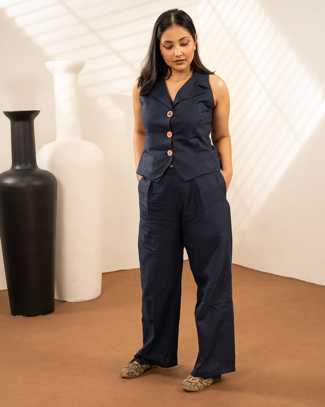 Blue Linen Waistcoat Coord Set