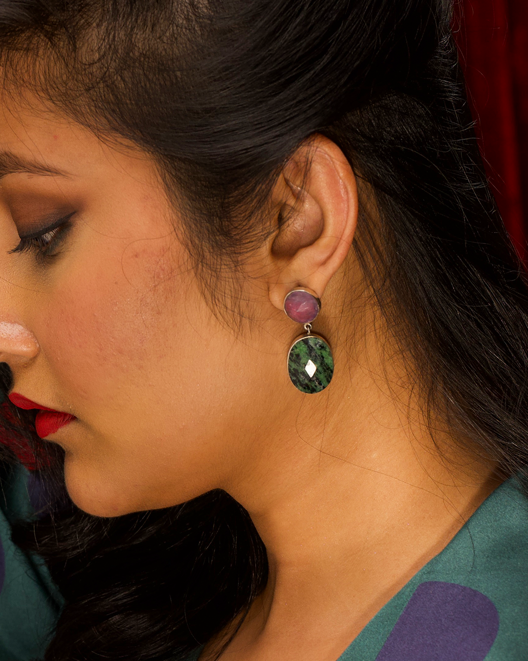 Silver Purple Green Stone Dangle Earrings