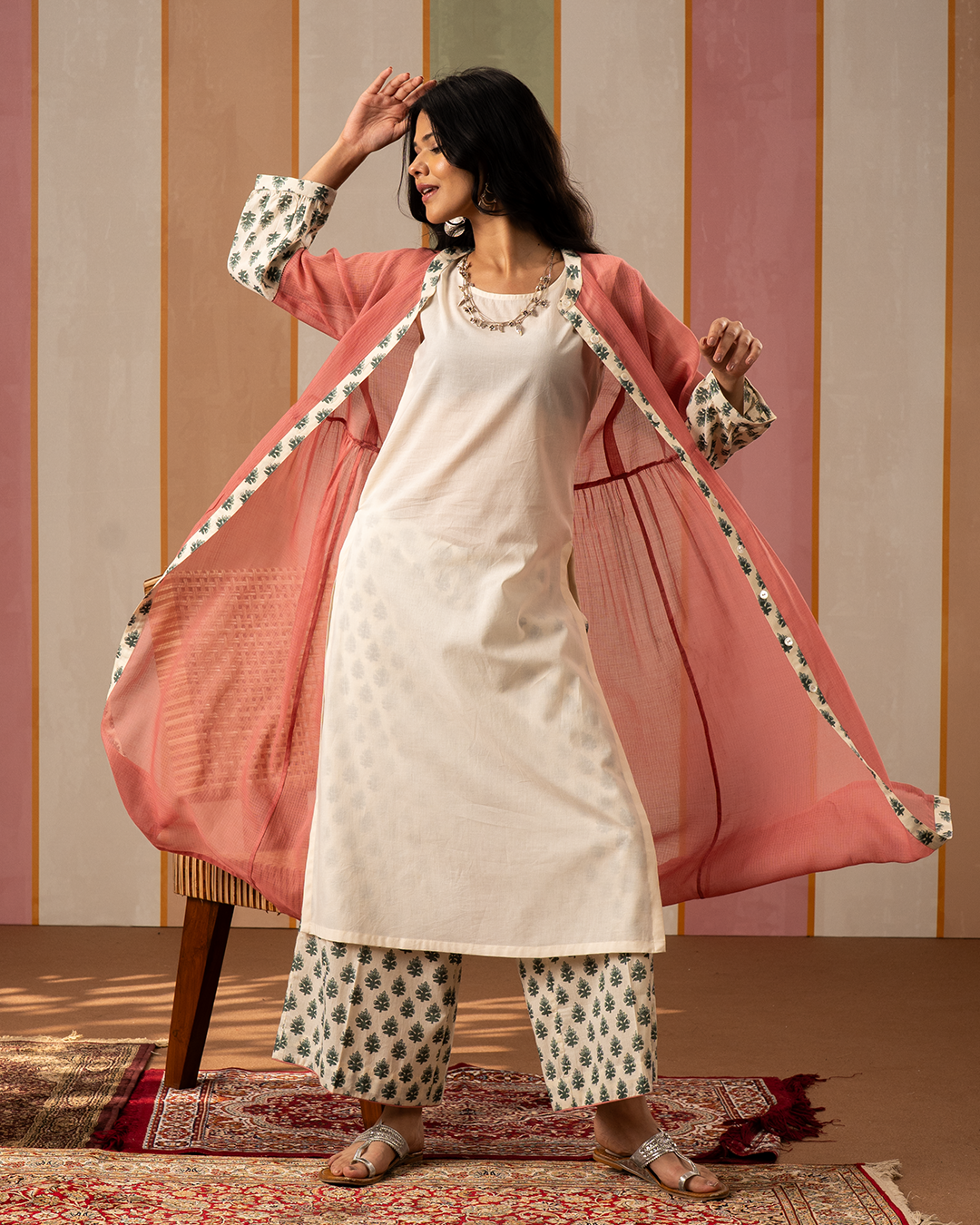 Pink and White Cotton Doria Kurta