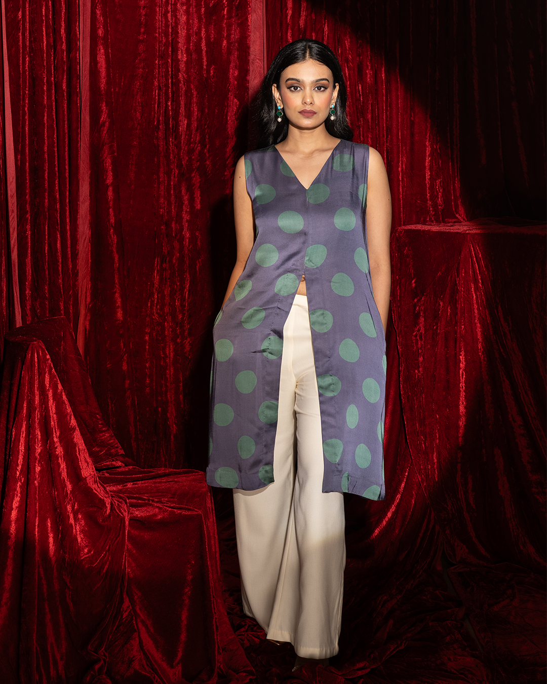 Blue Polka Dot Satin Indowestern Kurta