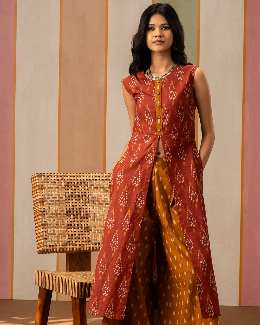 Rust and Mustard Ikat Printed Cotton Kurta
