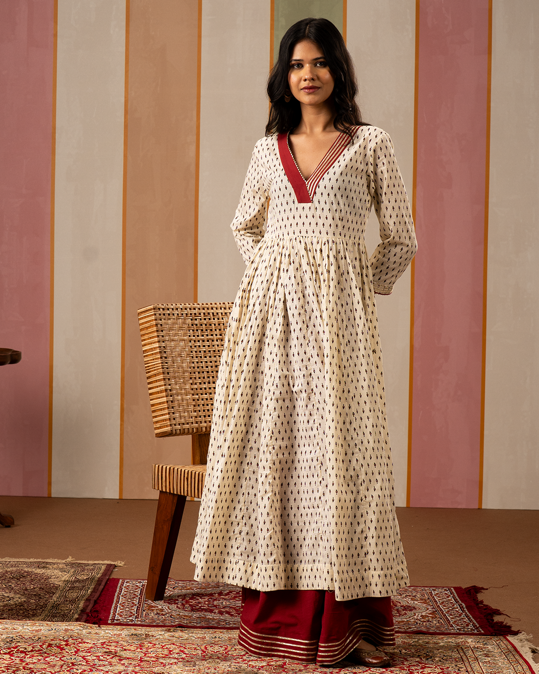 White Blockprint Cotton Flare Kurta