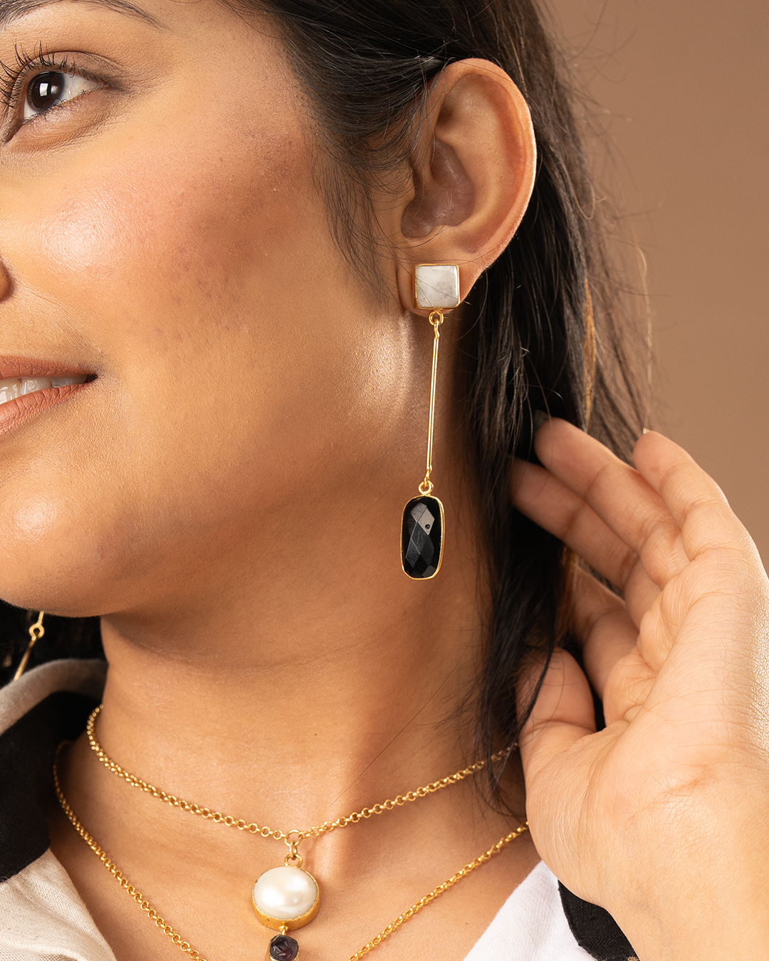 Gold White Black Stone Dangle Earrings