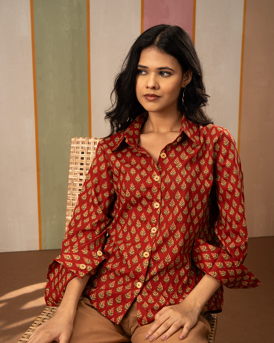 Red Blockprint Womens Cotton Shirt
