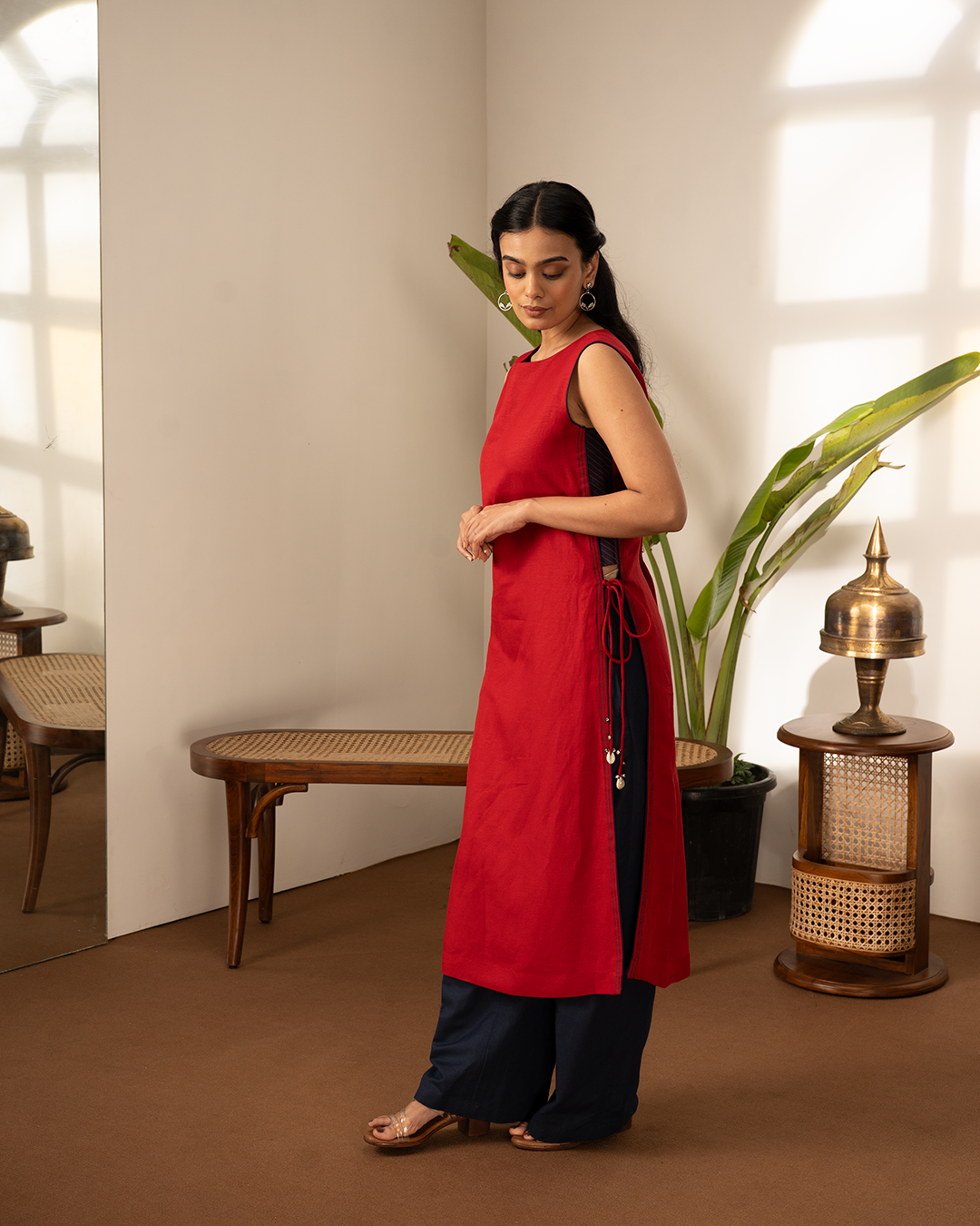 Red Blue Linen Straight 2-Piece Kurta Set