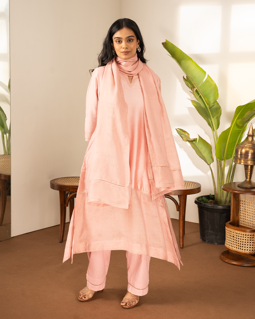 Pink Cotton Silk Tissue Kurta 3-Piece Set