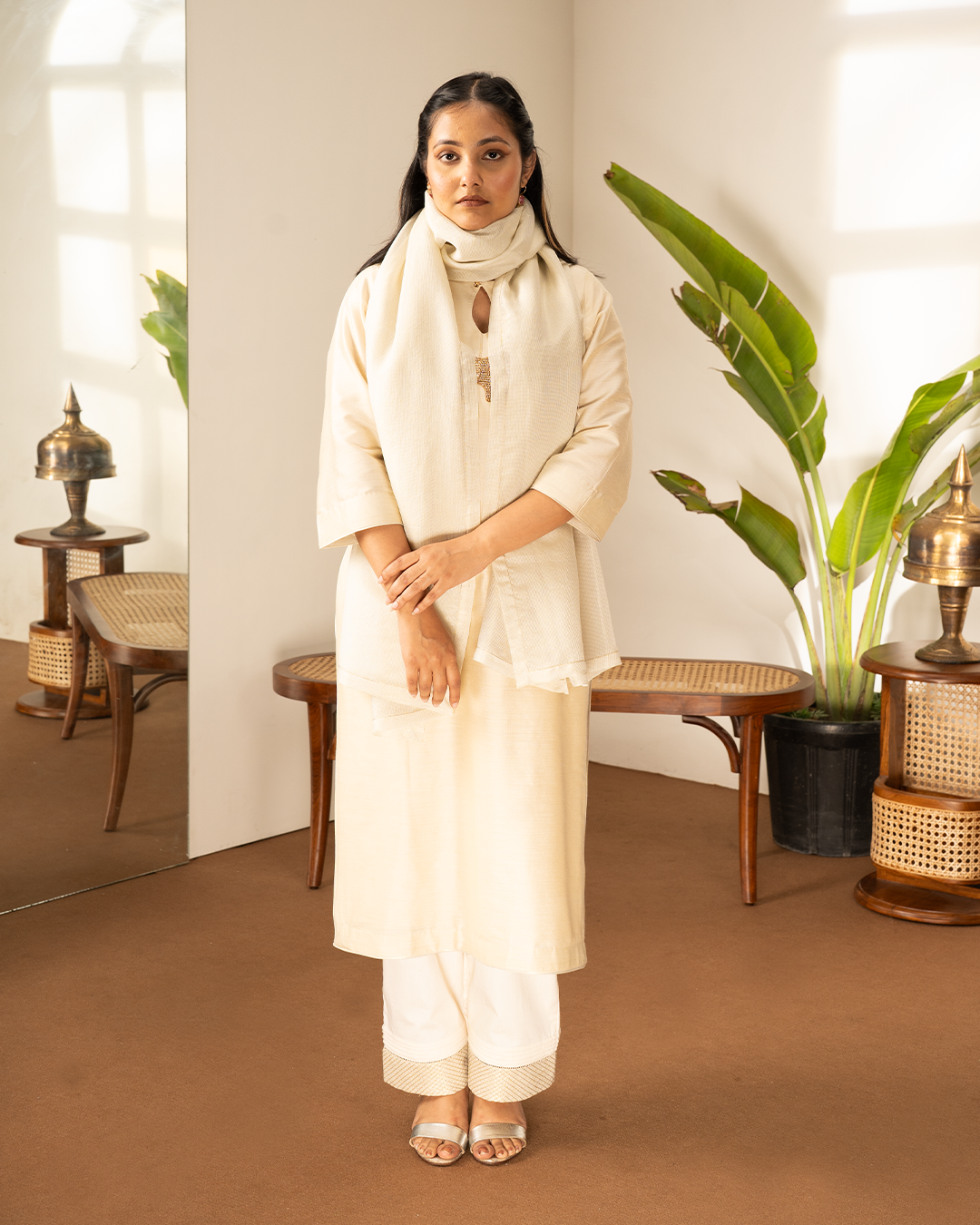 Beige Cotton Silk Tissue Kurta 3-Piece Set
