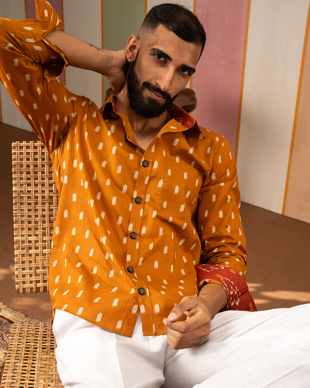 Mustard Ikat Printed Cotton Shirt
