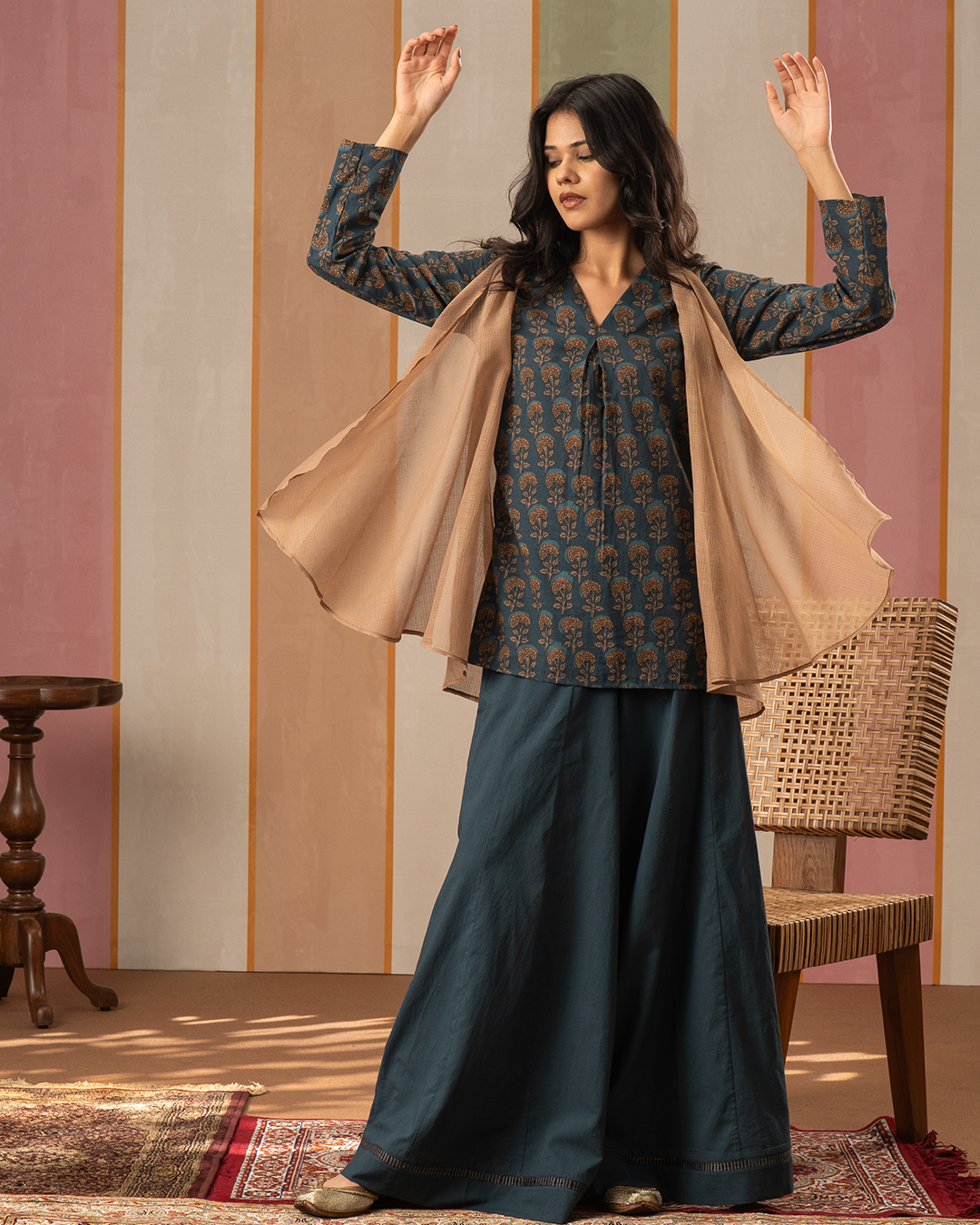 Blue and Brown Cotton Doria Blockprint Coord Set with Jacket