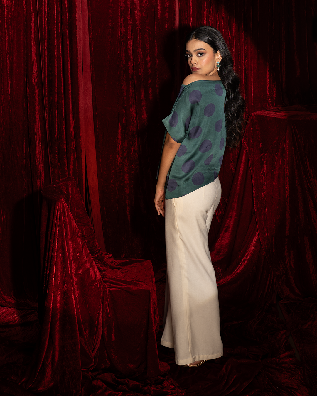 Green Blue Polka Dot Off-Shoulder Set
