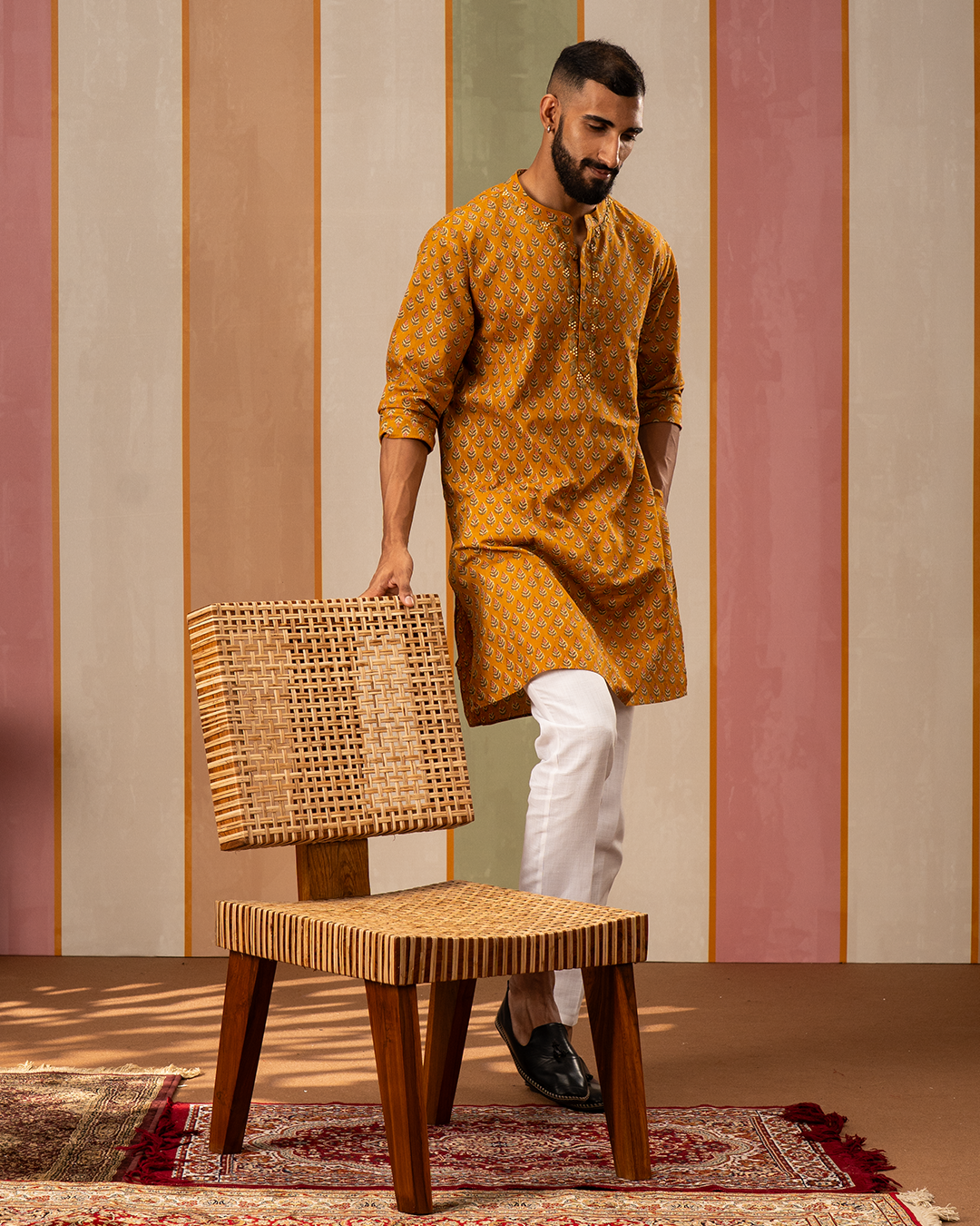 Yellow Blockprint Cotton Kurta With Embroidery