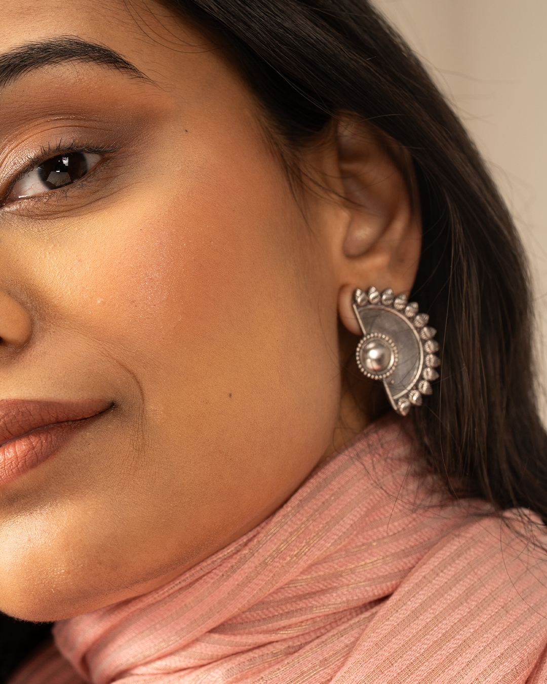 Antique Silver Half Flower Stud Earrings