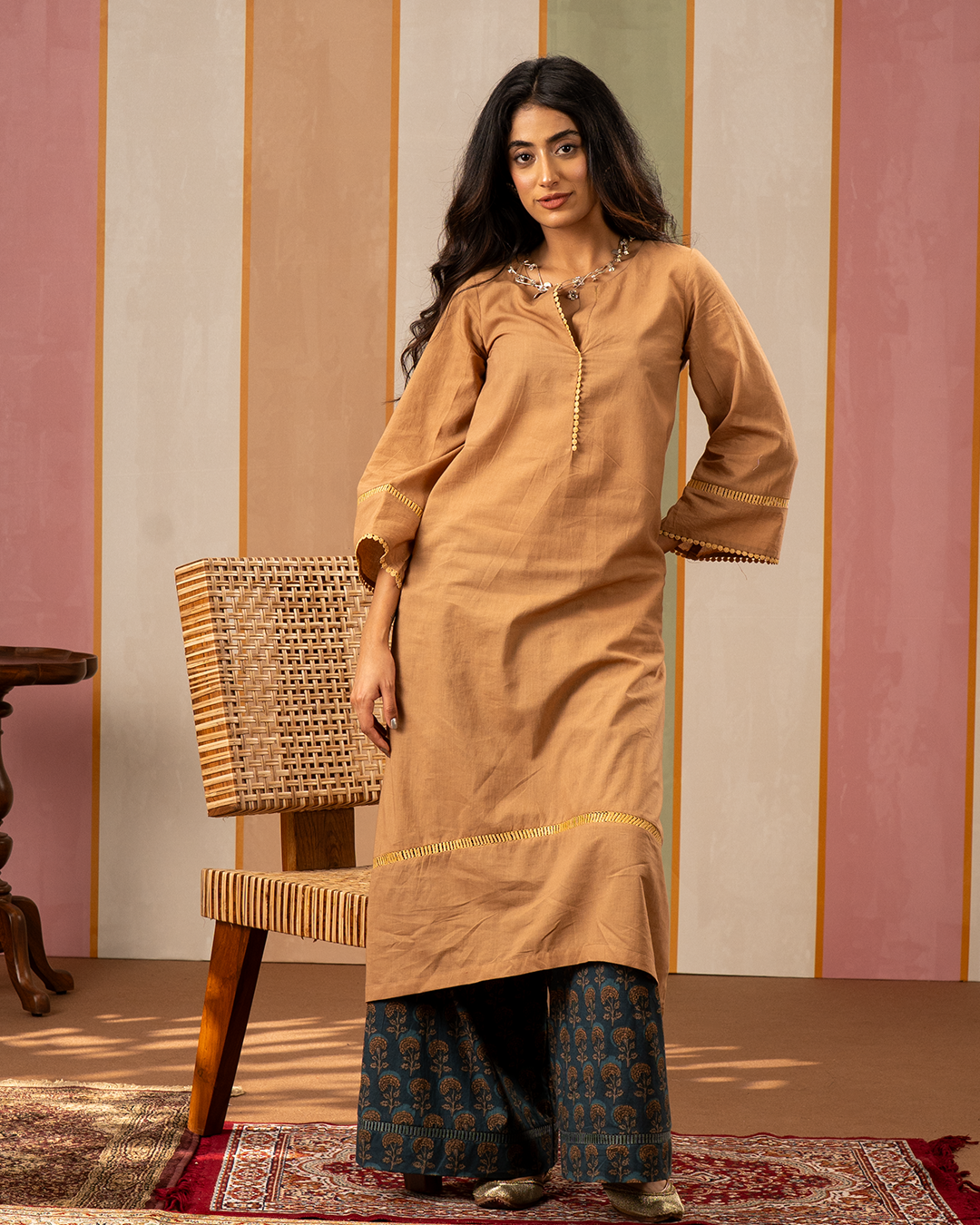 Brown and Blue Printed Cotton Kurta Set