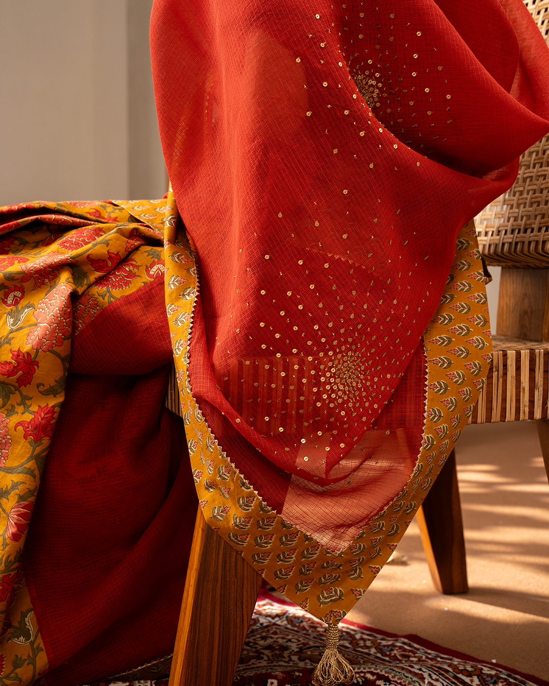 Red and Yellow Doria Blockprint Cotton Saree with Embroidery