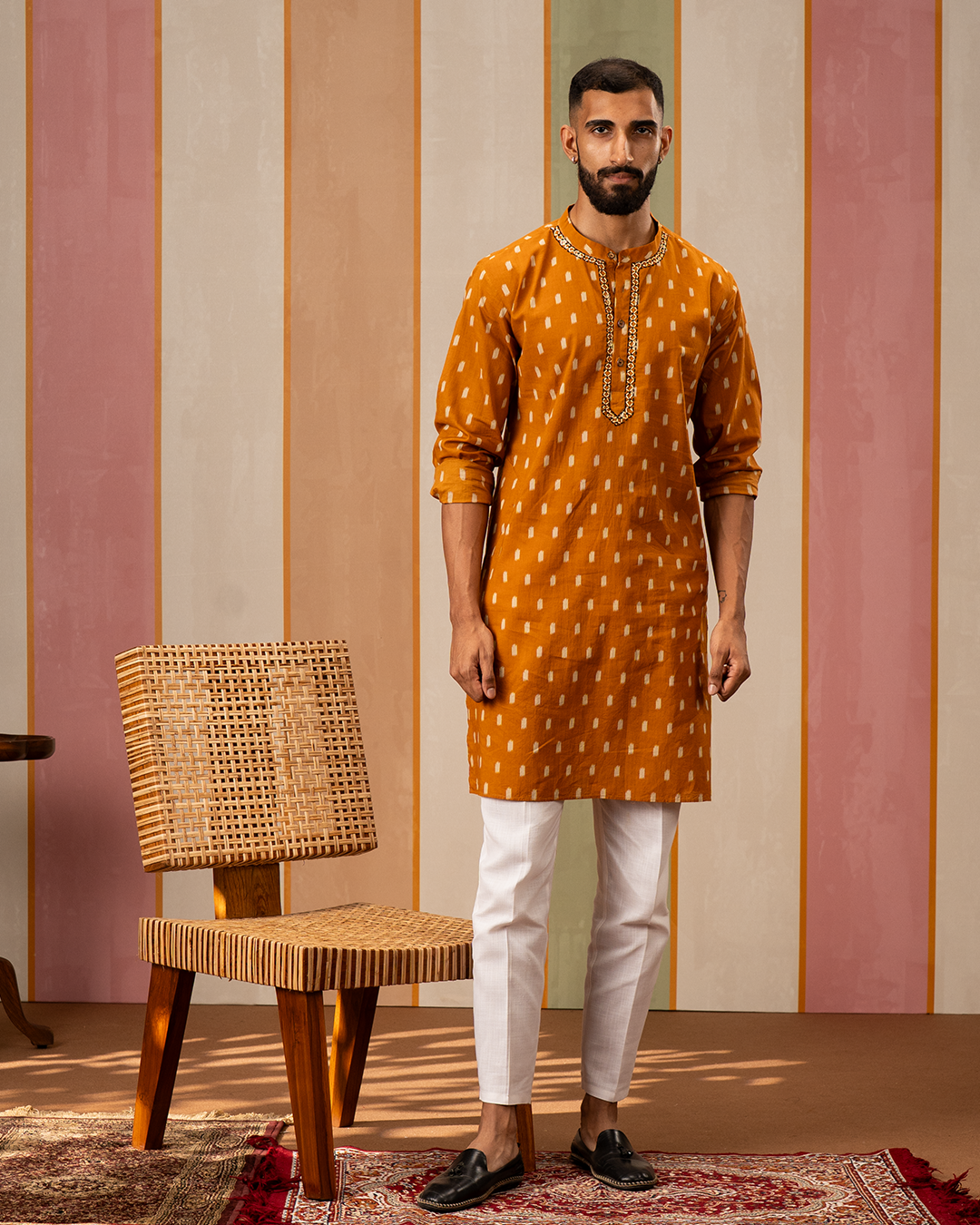 Mustard Ikat Printed Cotton Kurta With Embroidery