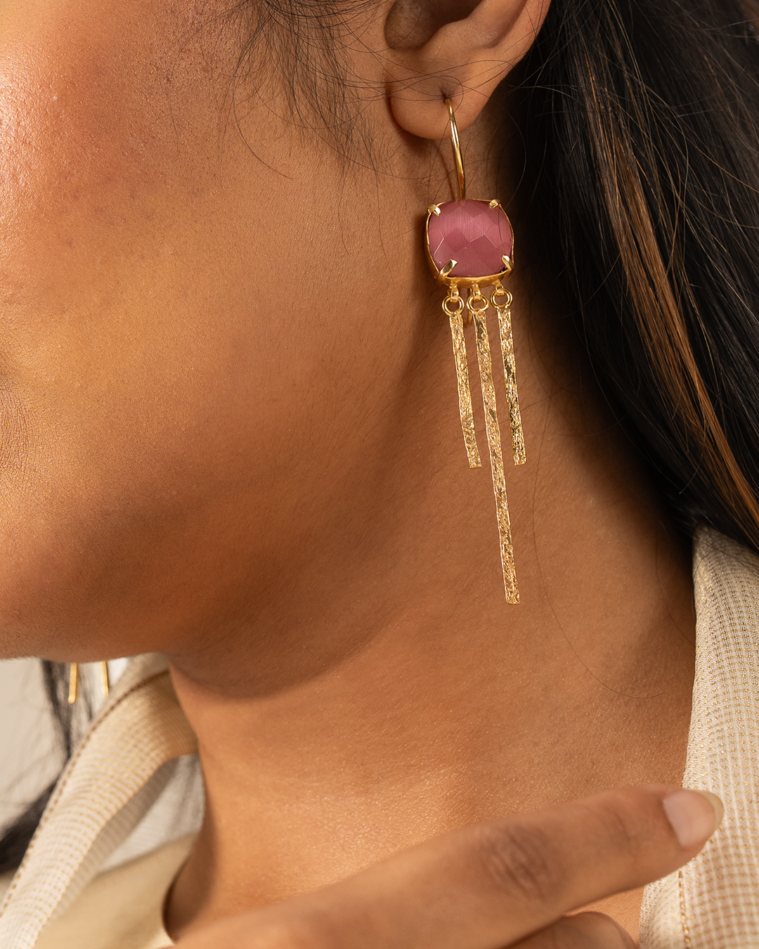Gold Pink Stone Hook Dangle Earrings