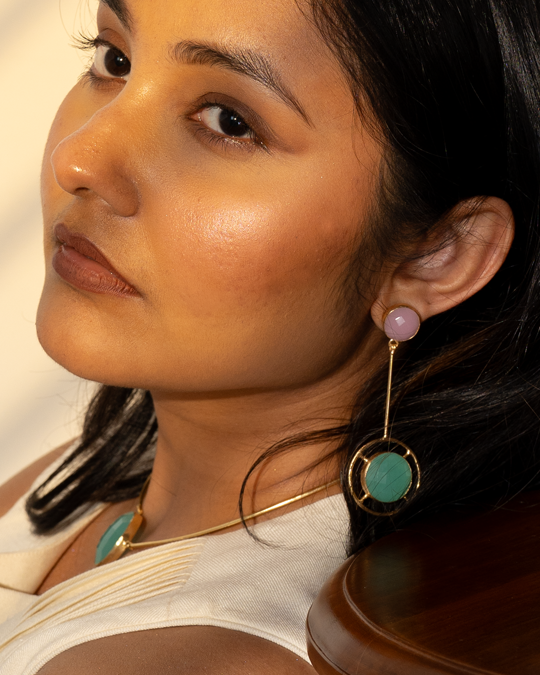 Gold Pink Green Stone Dangle Earrings