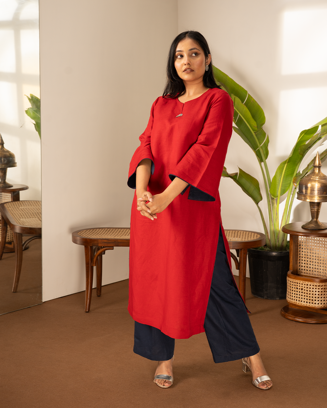 Red Blue Linen Asymmetrical Kurta Set