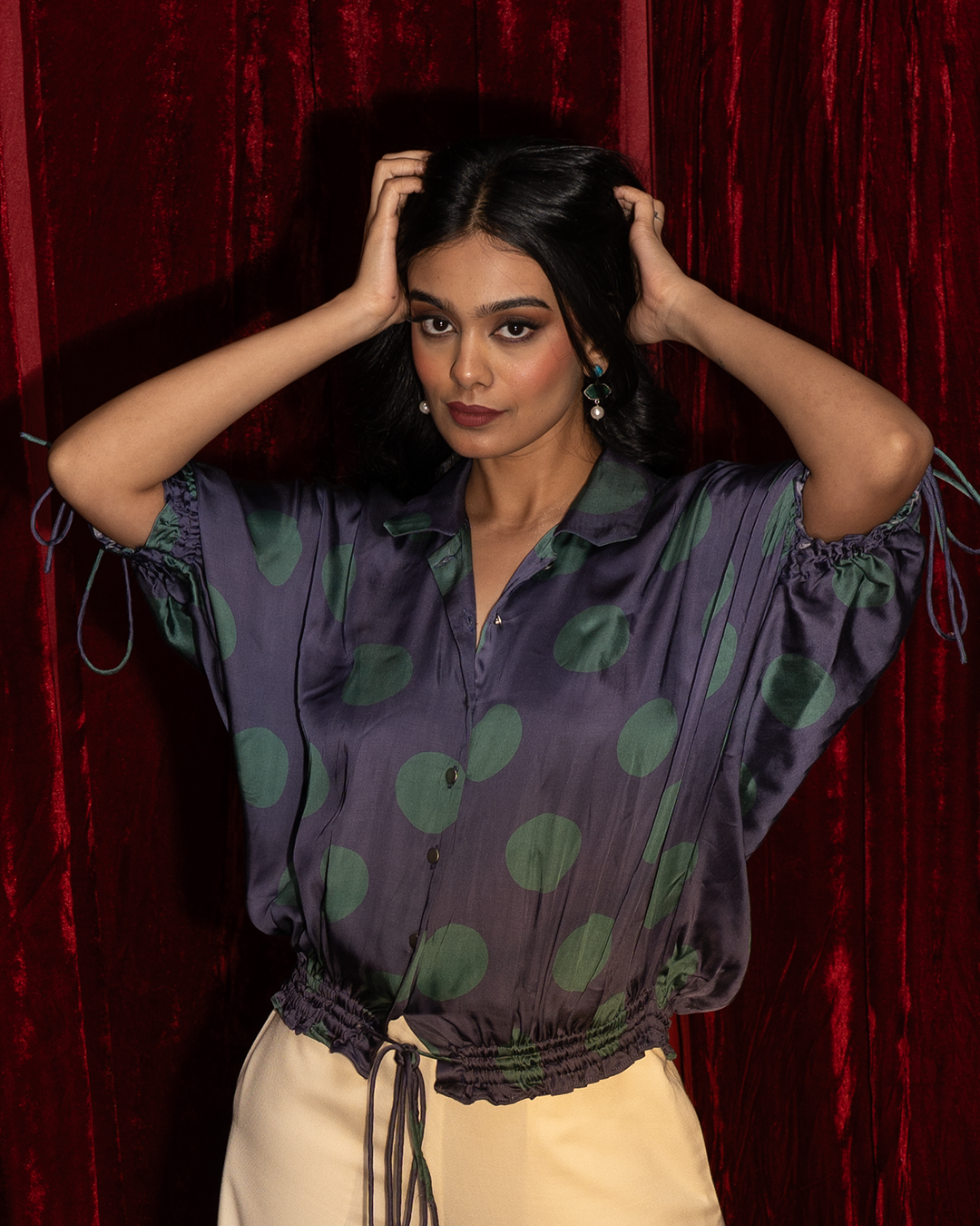 Blue Polka Dot Satin Kaftan Shirt