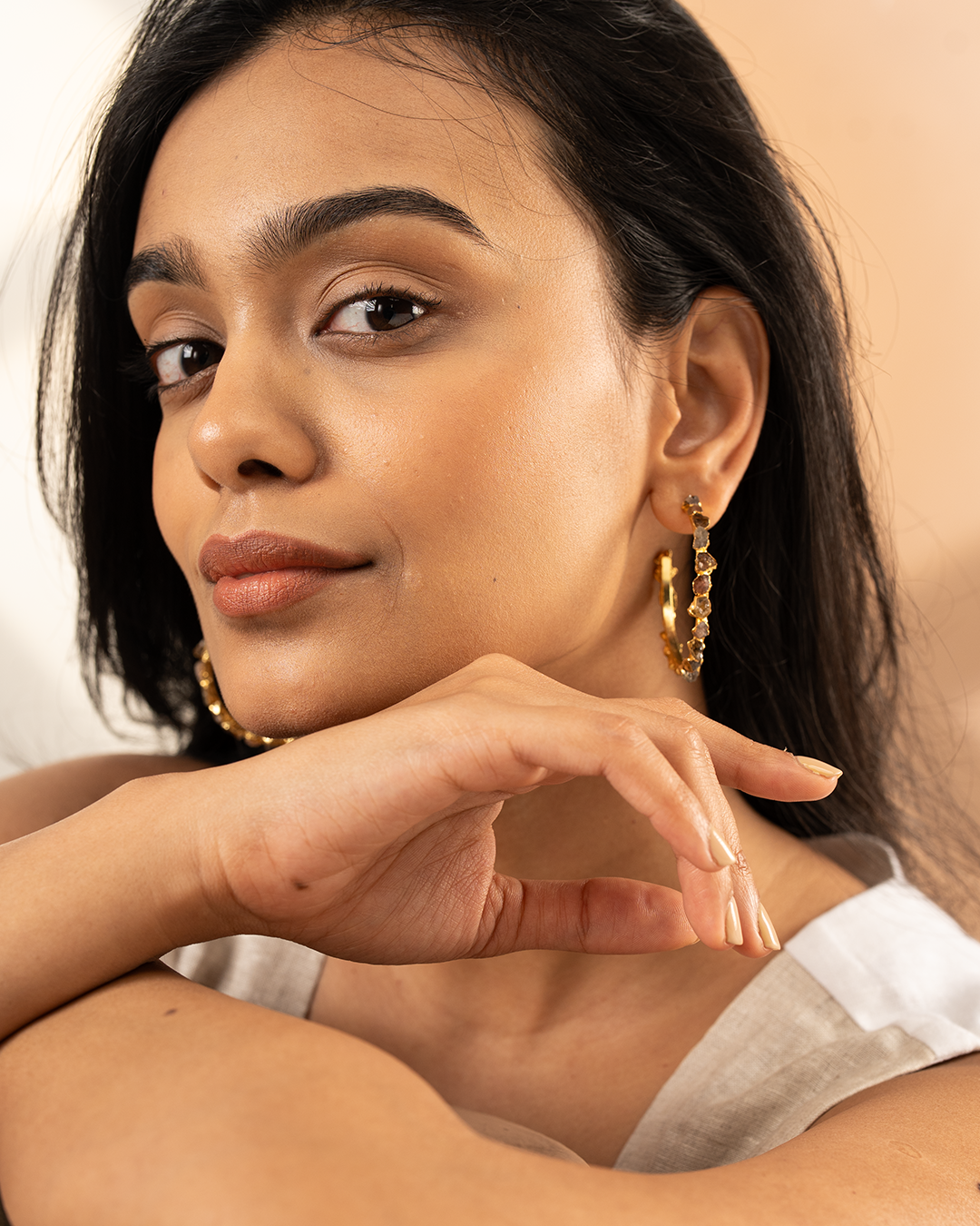 Gold Colored Stone Hoop Earrings