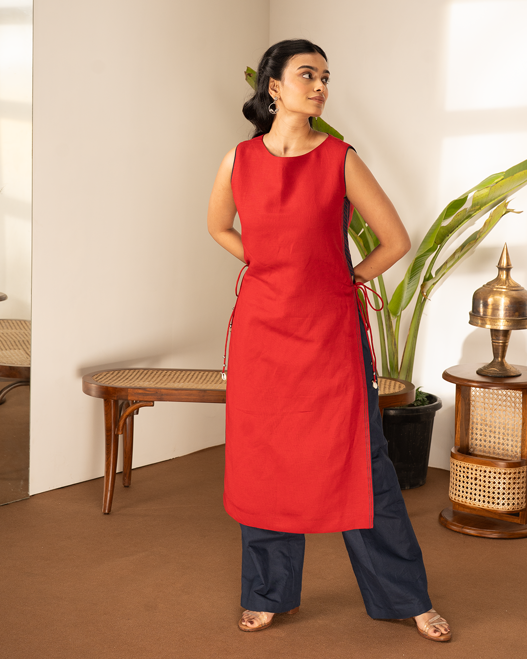 Red Blue Linen Side Trim Straight Kurta