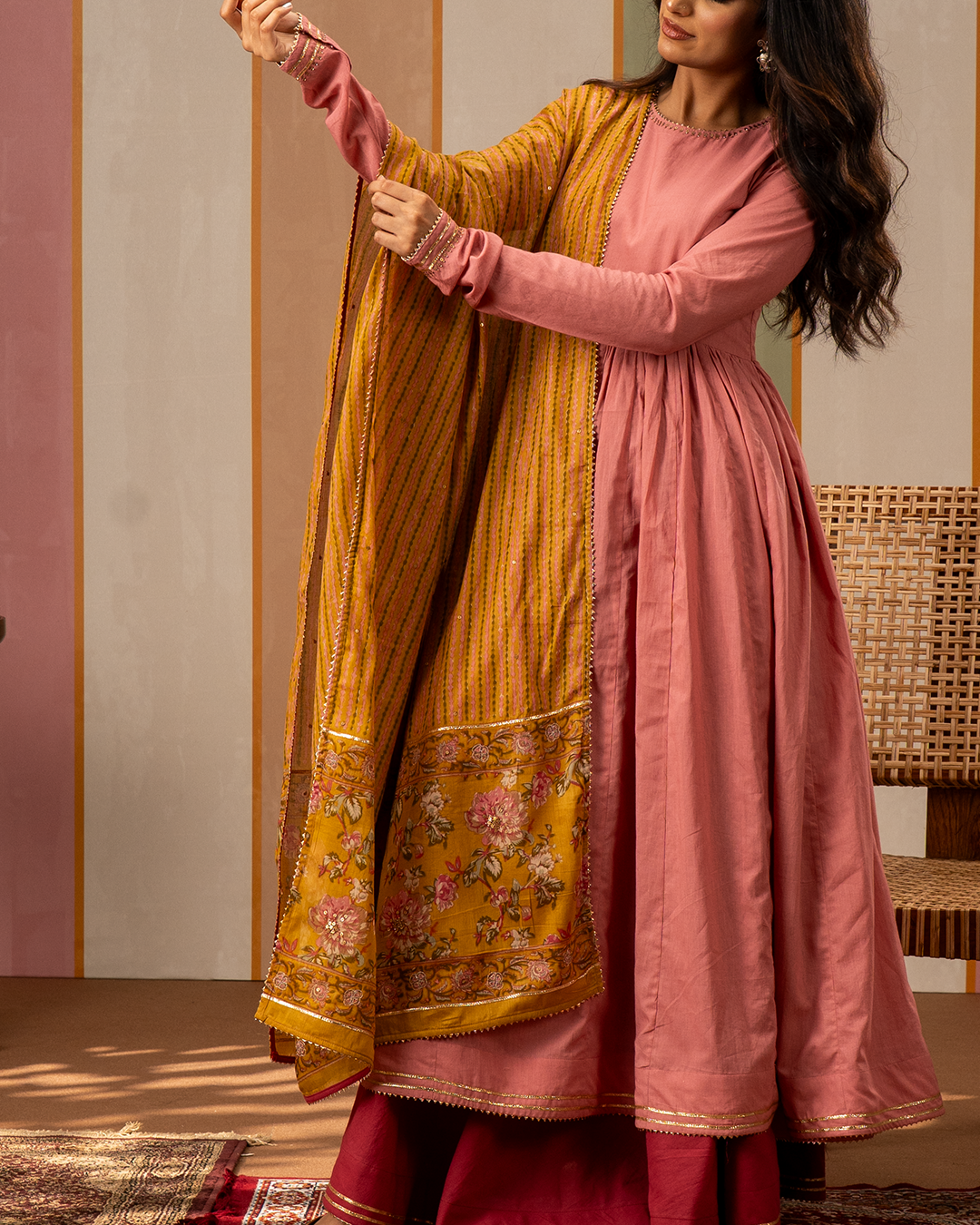 Yellow Blockprint Cotton Dupatta with Embroidery