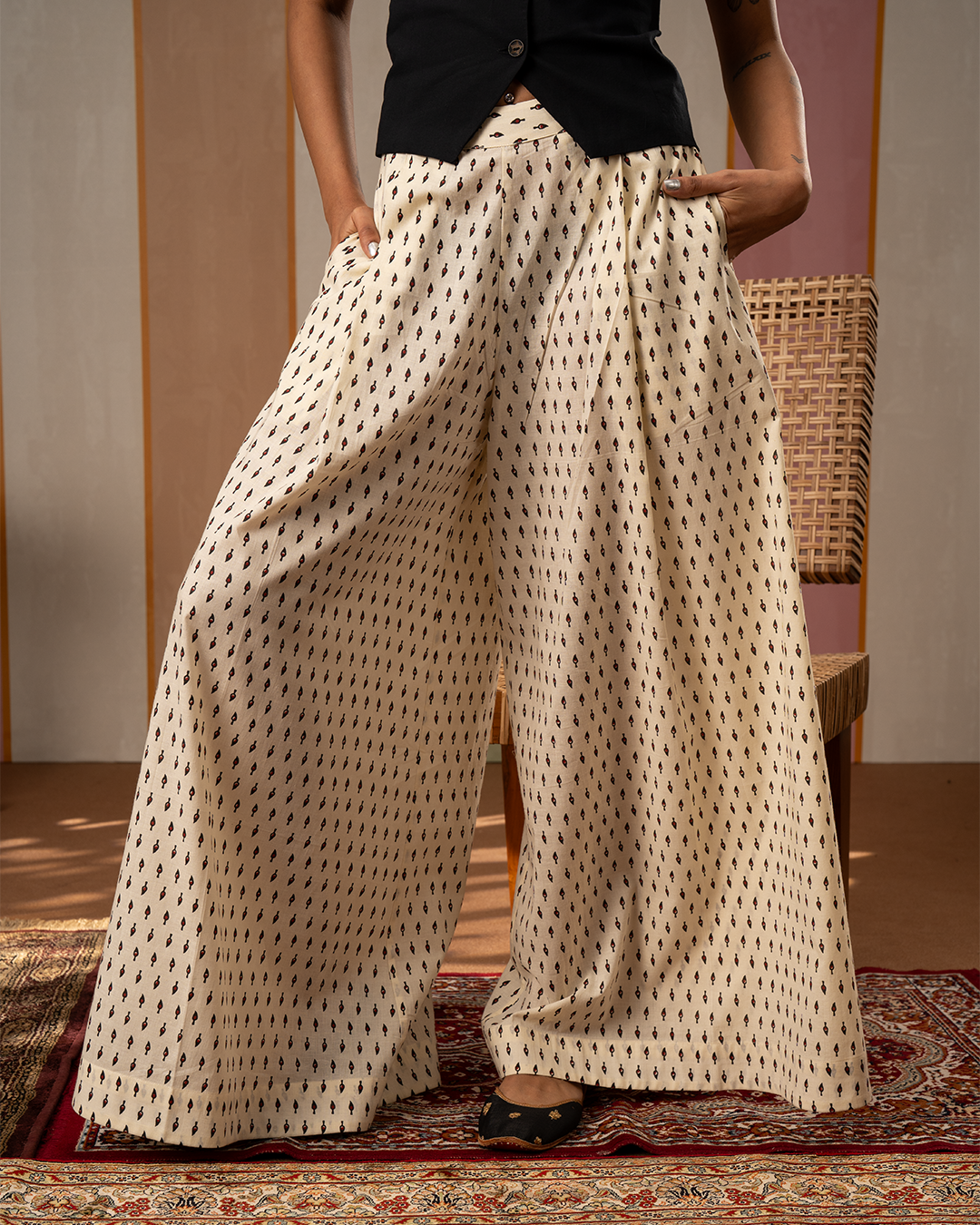 White Blockprint Cotton Palazzo Pants