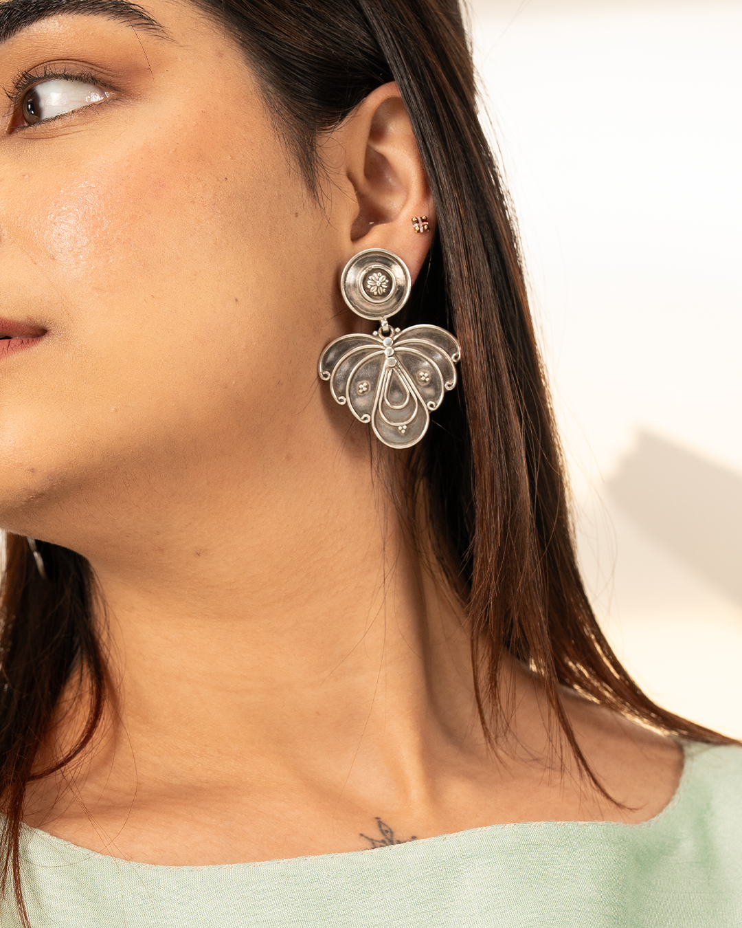 Antique Silver Flower Dangle Earrings