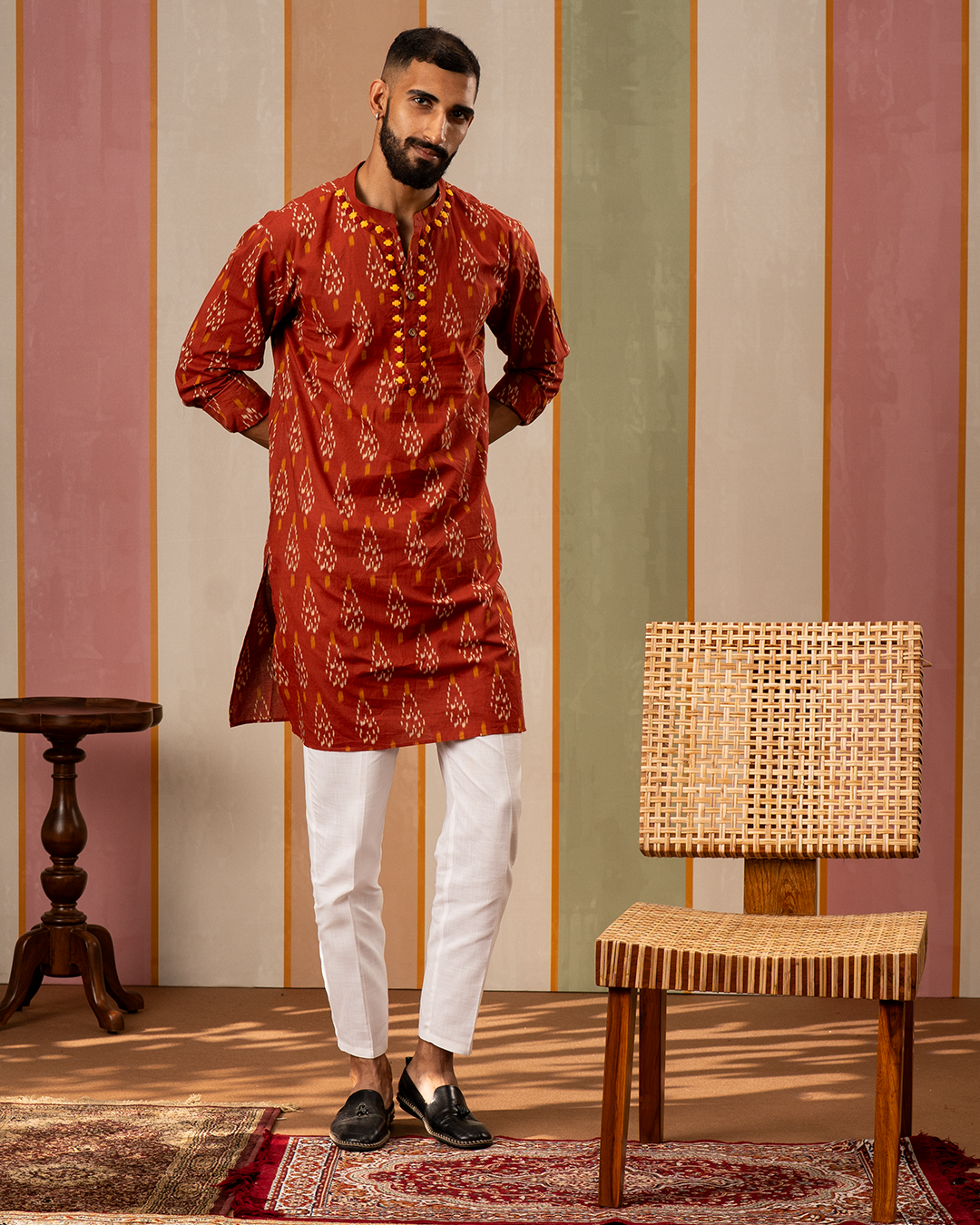 Rust Ikat Printed Cotton Kurta With Embroidery