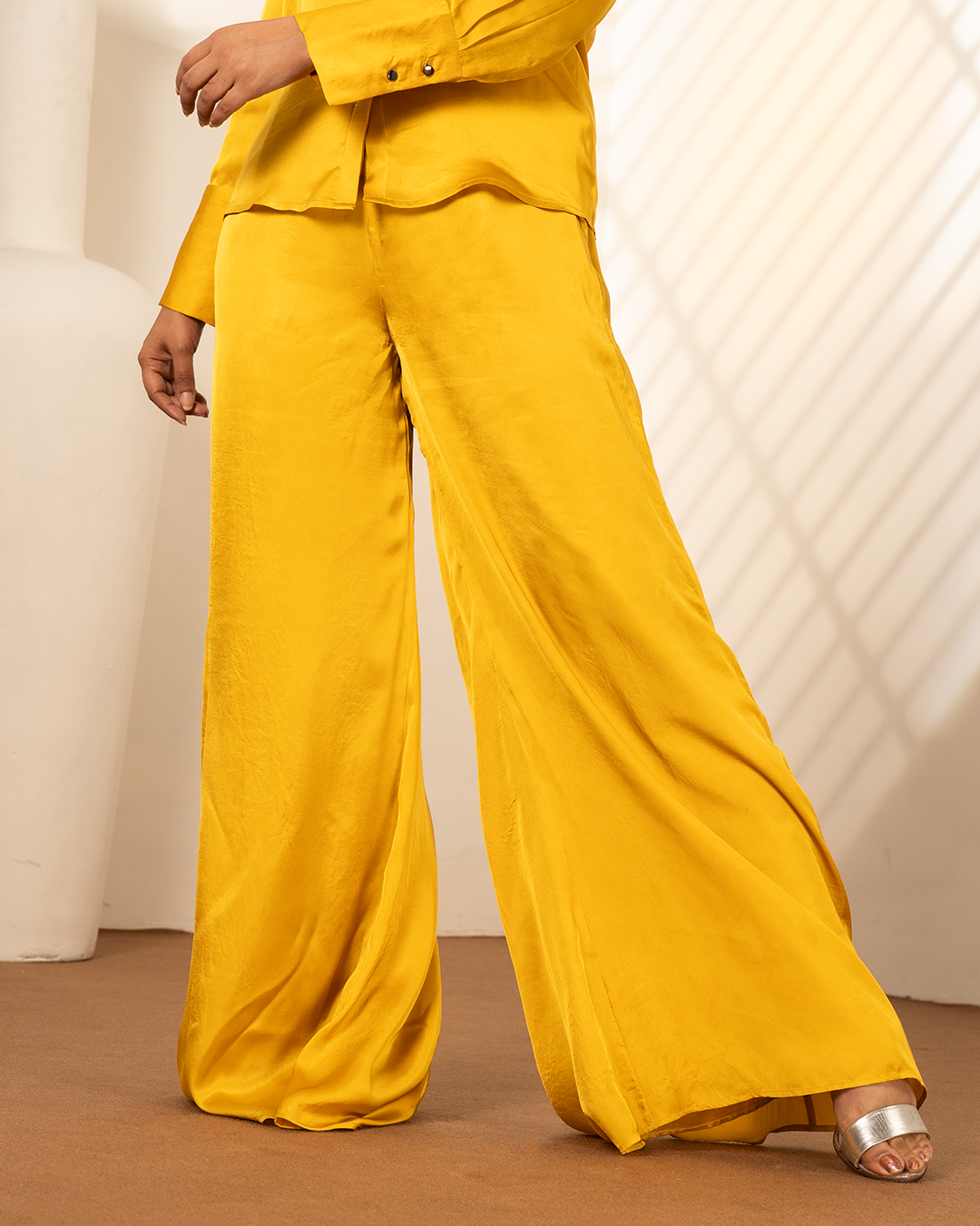 Ochre Yellow Satin Flare Palazzo Pants