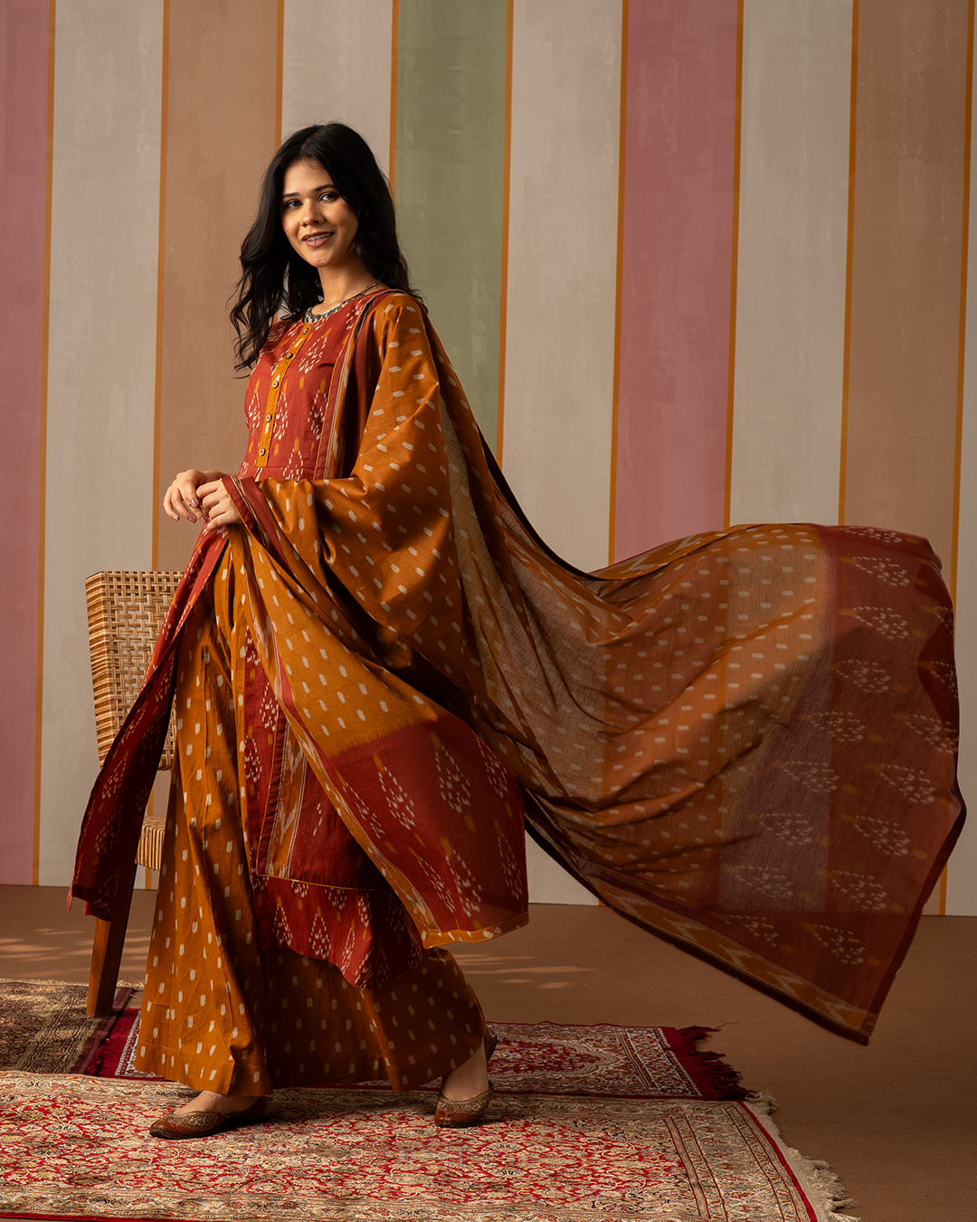 Rust and Mustard Ikat Cotton Printed Kurta Set