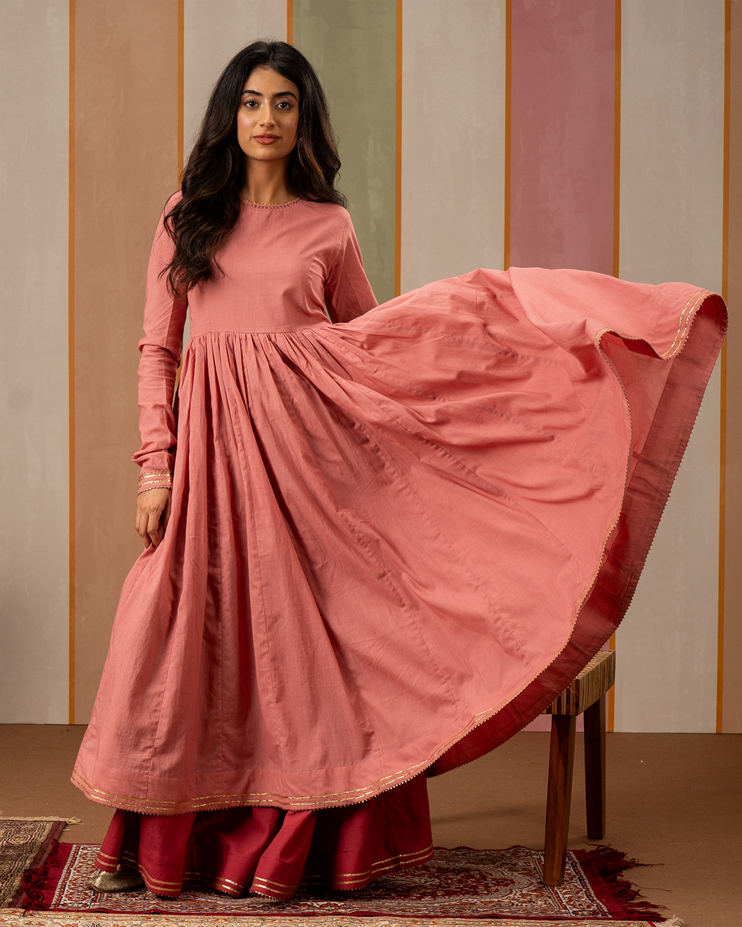 Pink Solid Cotton Flare Kurta