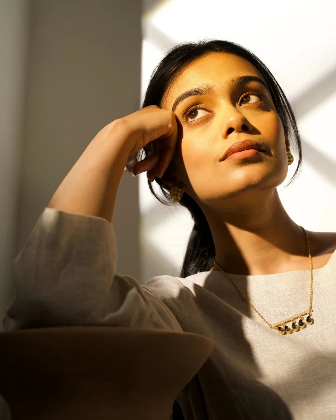 Gold Black Stone Bar Drop Necklace