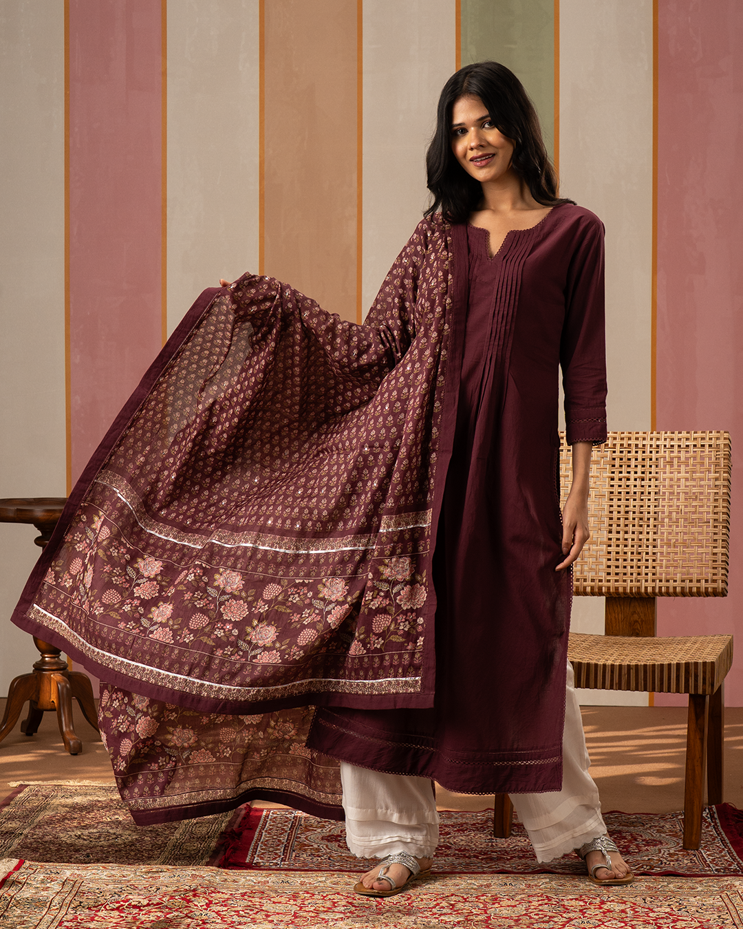 Purple Solid Cotton Kurta Set with Printed Cotton Dupatta