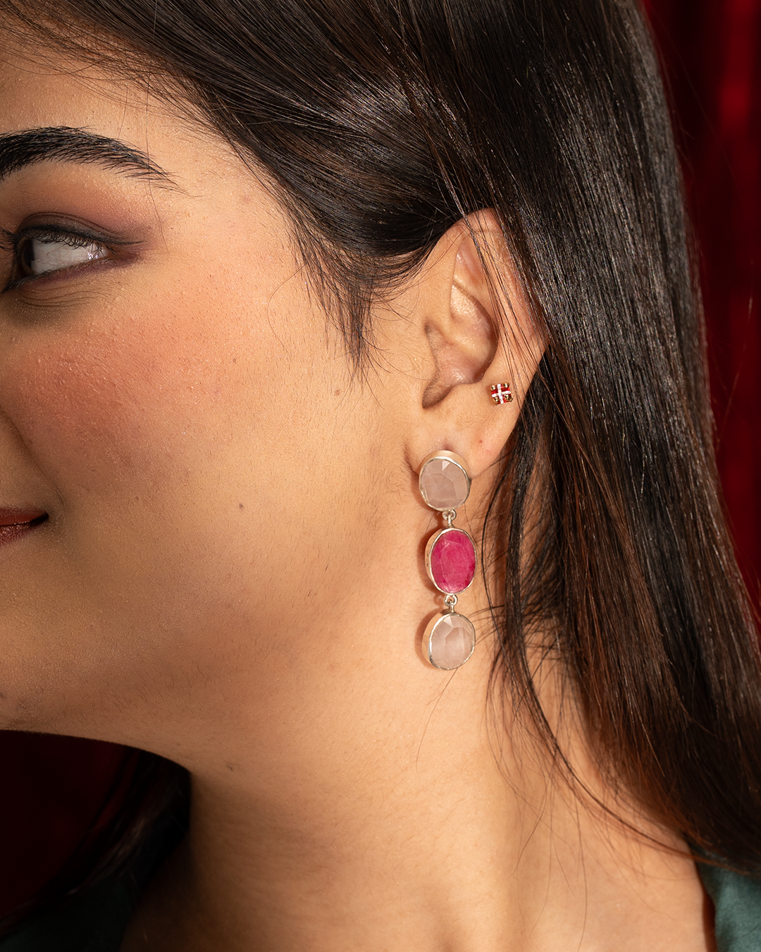 Silver Rose Pink Stone Dangle Earrings