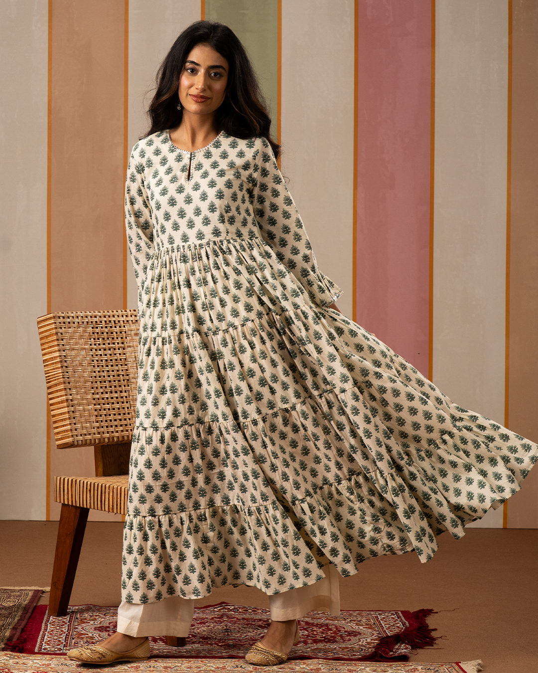 Sea Green and White Blockprint Flare Long Kurta