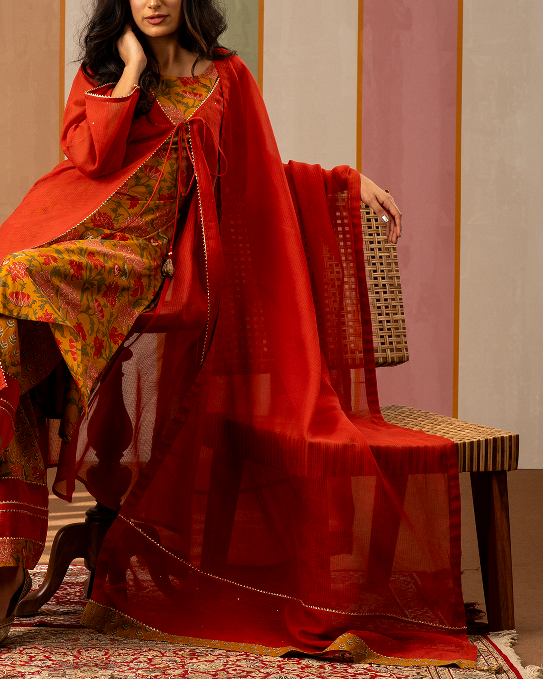 Red Solid Doria Dupatta with Gota and Blockprint Border