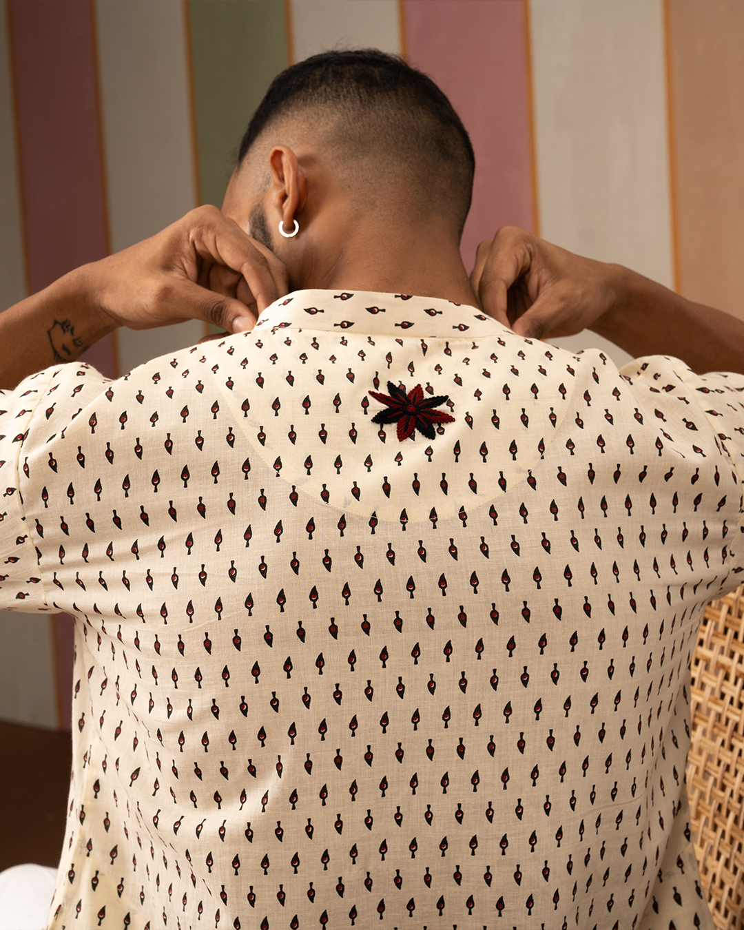 White Blockprint Cotton Kurta With Embroidery