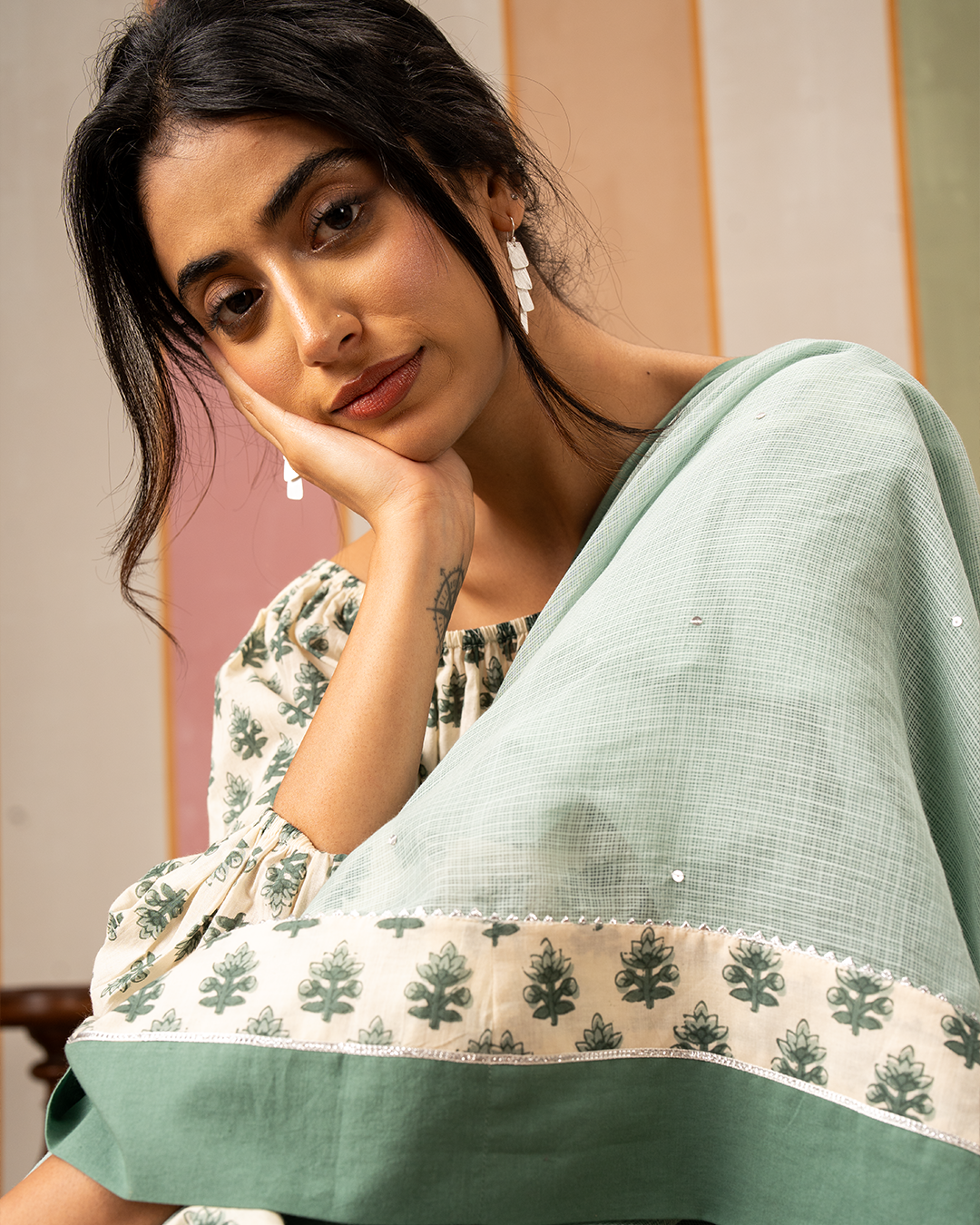 Sea Green Doria Saree with Blockprint Border