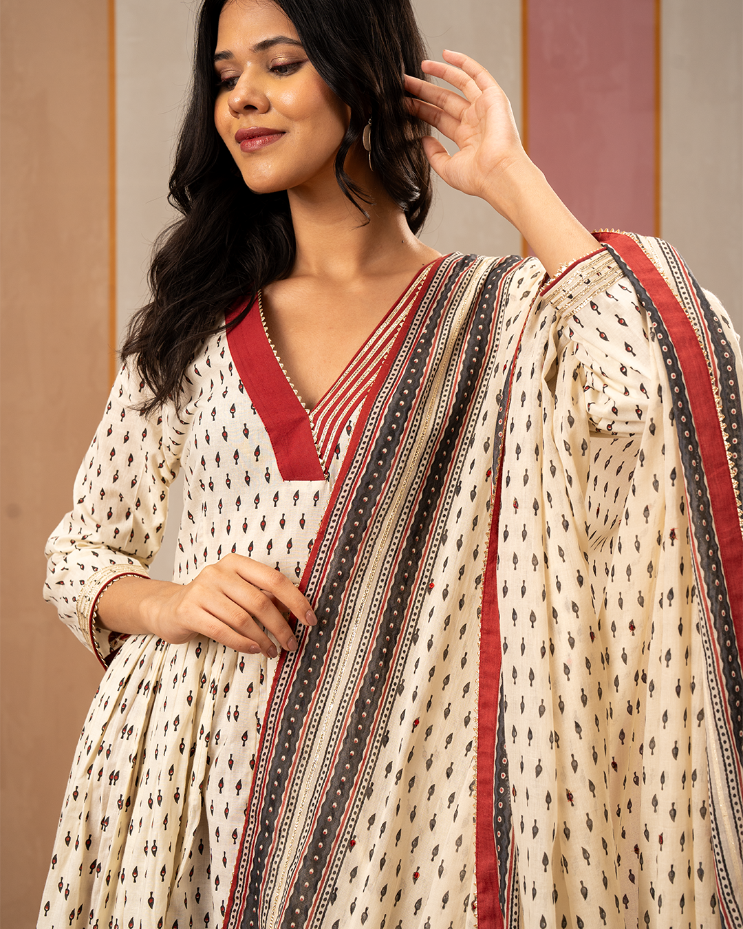 White Blockprint Cotton Dupatta with Embroidery