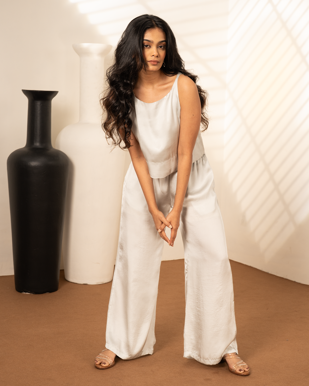 Ice Blue Satin Lounge Coord Set