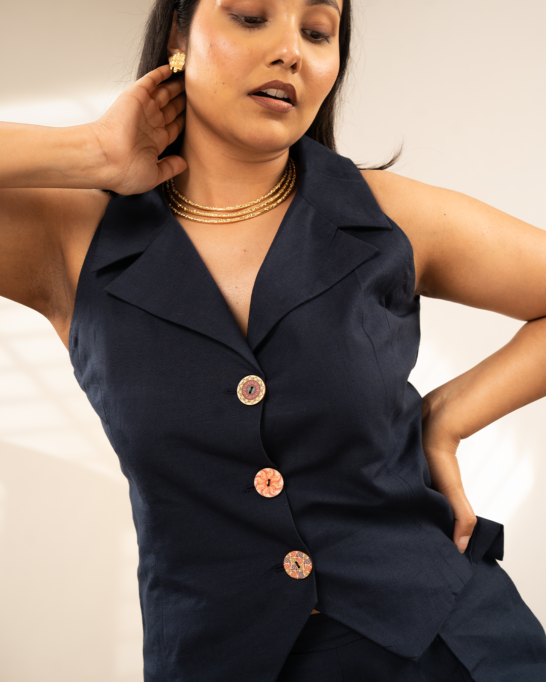 Blue Linen Front Button Waistcoat