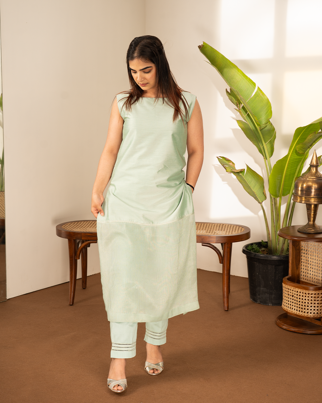 Sea Green Cotton Silk Tissue Kurta