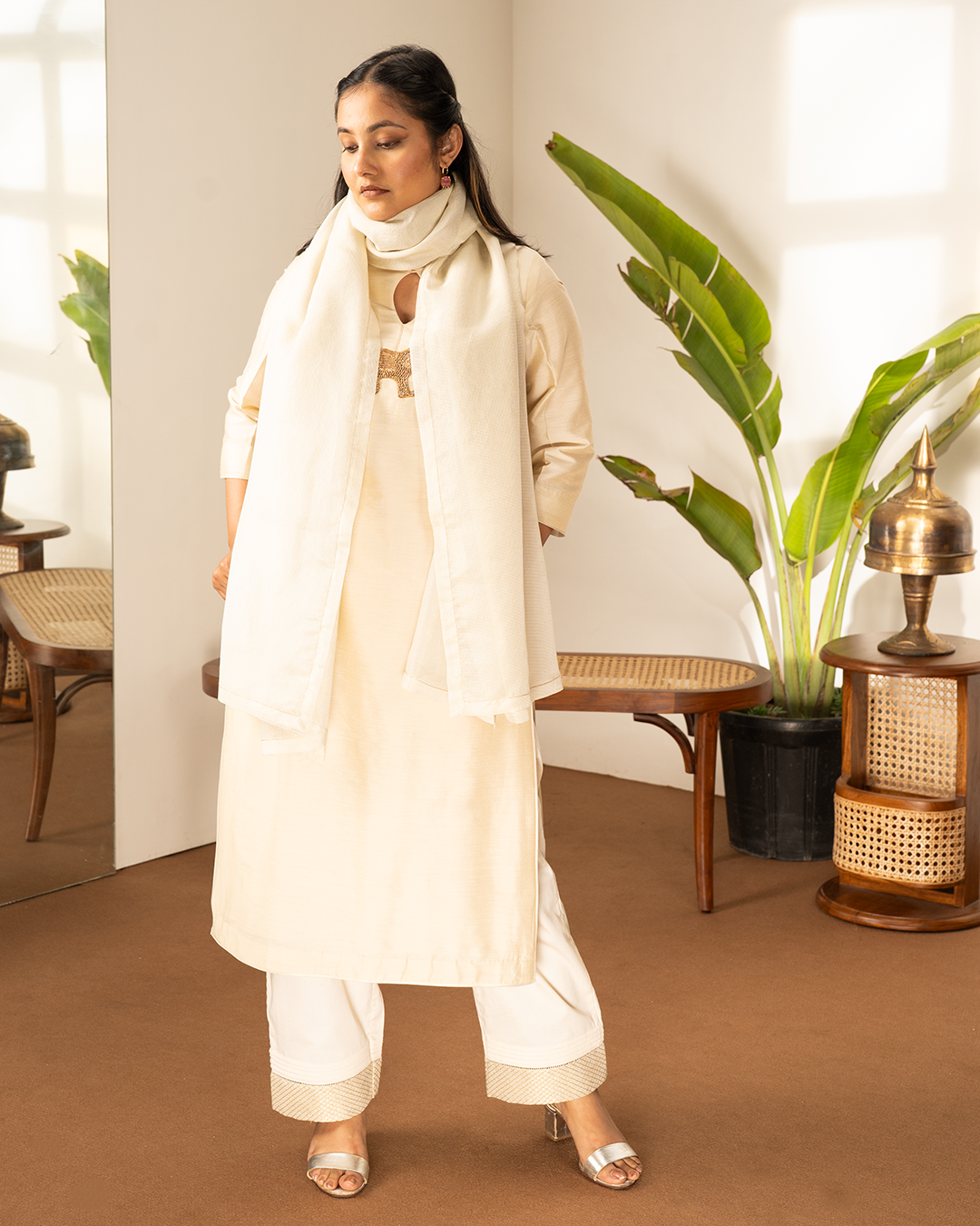 Beige Cotton Silk Tissue Straight Kurta