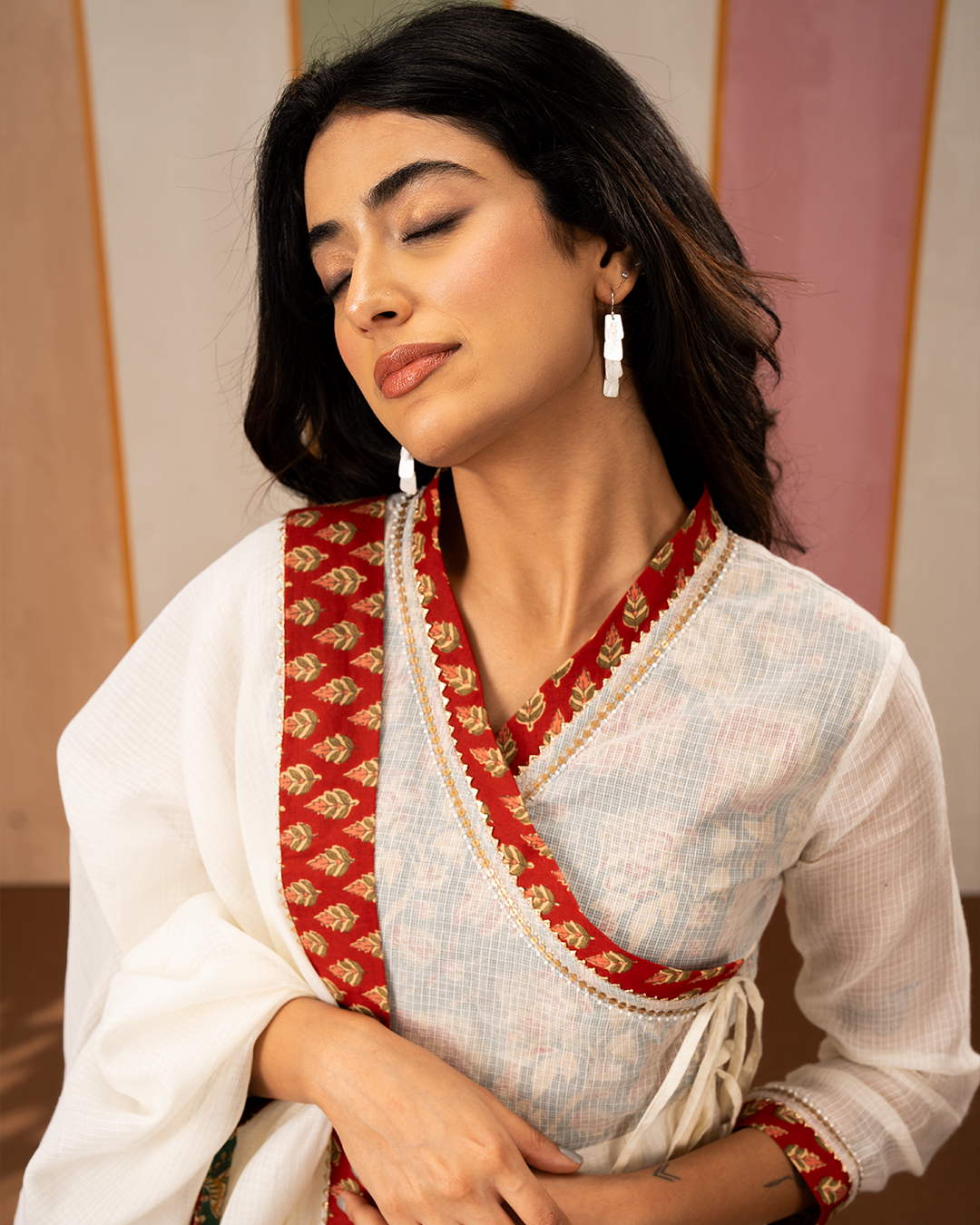 Off White Solid Doria Angrakha Kurta Set