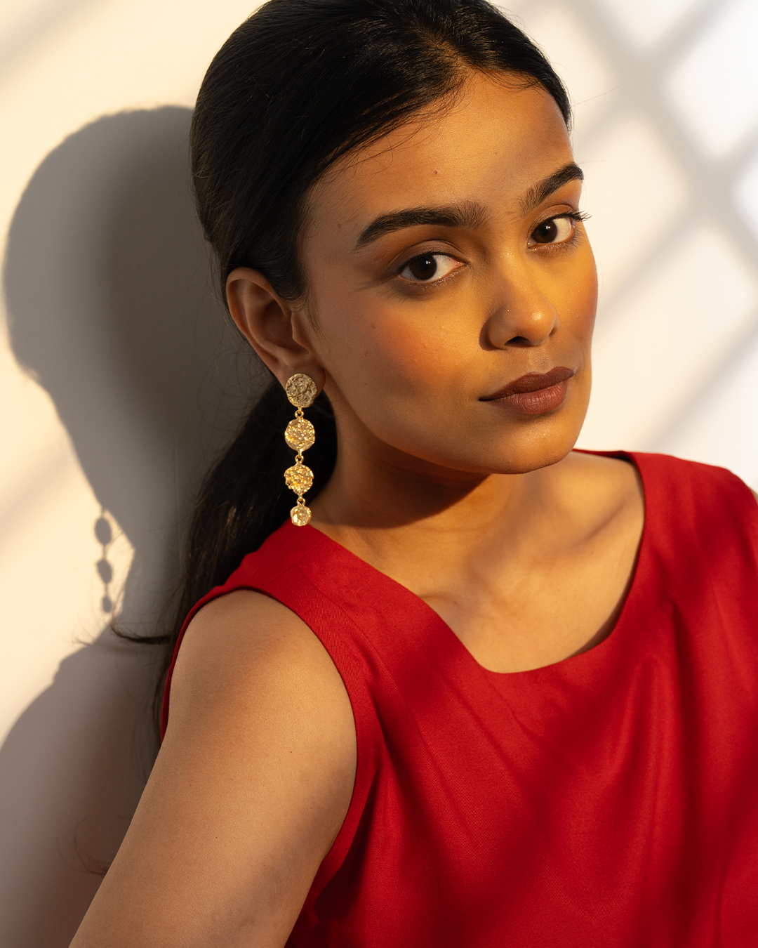 Gold Hammered Disk Dangle Earrings