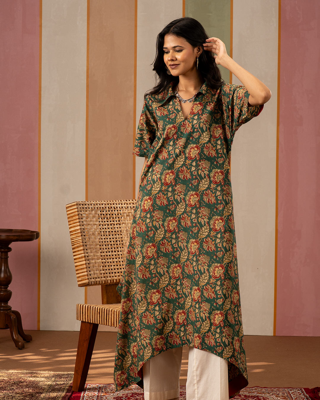 Green Blockprint Cotton Kaftan Kurta