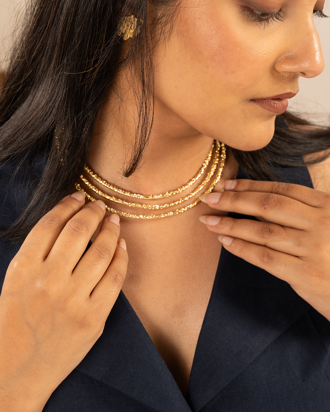 Gold Hammered 3-Layer Necklace