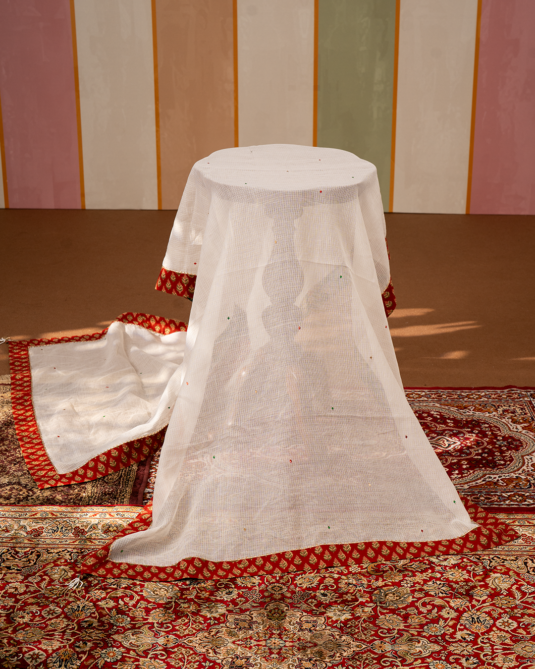 Off White Solid Doria Dupatta with Blockprint Border